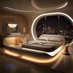 a modern bedroom with a circular window overlooking the city at night, lit up by lights