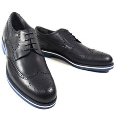 Made In Italy Leather Upper Leather Lining Rubber Sole Luxury Blue Leather Shoes For Business Casual, Blue Business Dress Shoes With Textured Sole, Blue Wingtip Leather Shoes For Business Casual, Blue Plain Toe Leather Shoes For Business Casual, Blue Brogue Dress Shoes For Business Casual, Blue Dress Shoes With Brogue Detailing For Business Casual, Navy Leather Shoes With Rubber Sole For Business, Navy Wingtip Leather Shoes For Business, Navy Plain Toe Leather Shoes For Formal Occasions