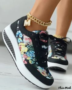 Color: black, Size: US8 Casual Low-top Floral Print Sneakers, Casual High-top Platform Sneakers With Elastic Laces, Trendy Floral Print Sneakers For Spring, Spring Low-top Wedge Sneakers With Laces, Casual Synthetic Sneakers With Graphic Print, Multicolor Lace-up Platform Sneakers With Vulcanized Sole, Trendy Lace-up Jogging Sneakers, Spring Lace-up Platform Sneakers With Cushioned Footbed, Spring Lace-up Wedge Sneakers With Cushioned Footbed