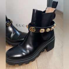 Black Leather Gucci Boots With Removable Bling Strap. The Cutest Shoes Ever!!! I Only Wore Them Once. Comes With Original Box And Authentic Card To Prove They Are Real. Size 39 Cutest Shoes, Gucci Boots, Shoes Gucci, Gucci Shoes, Cute Shoes, The Cutest, Bootie Boots, Original Box, Ankle Boots