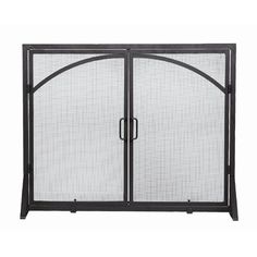 a black fireplace screen with two doors and an open door on the front, side view