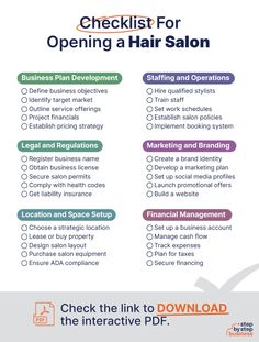 the checklist for opening a hair salon is shown in this graphic above it's description