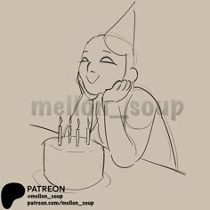 a drawing of a person blowing out candles on a cake with the caption patron