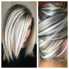 I love this type of hair color! This is exactly how I want my hair colored... Short hair gray n blonde Types Of Hair Color, Κούρεμα Bob, Gorgeous Gray Hair, Gray Hair Highlights, Hair Color Highlights, Short Hair Color, Haircut And Color