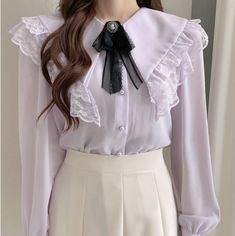 Rhinestone Bowknot Lace Tops Double Collar · KoKo Fashion · Online Store Powered by Storenvy Tie Tops, Lace Shirts, Bow Tie Top, Black Lace Shirt, Korea Design, Academia Style, Mori Girl Fashion, Fairy Dresses, Cottagecore Fashion