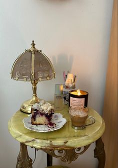 a stone-top side table with a tiffany lamp, a lit candle, a mug of hot chocolate, a thick slice of cake, and a pen cup Romantic Homes, Dream Apartment, Humble Abode, Dream Spaces, My Room, Bedroom Inspo, Interior Inspo, House Inspo, Room Makeover