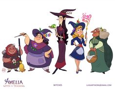 several cartoon characters dressed in costumes and holding brooms