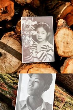 an old photo is placed on top of some wood and it's been cut into pieces