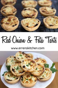 red onion and feta tarts on a white plate