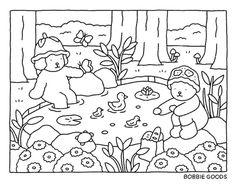 a coloring page with two bears playing in the pond