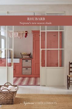 a room with pink cabinets and white floors