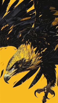 an eagle with black feathers and yellow background