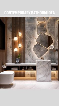 a bathroom with marble walls and flooring, lights on the wall above the toilet