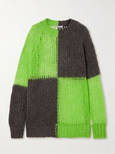 Acne Studios' sweater is made from airy open-knit blended with touches of mohair and wool. It has a two-tone design with a combination of sheer bright-green and opaque brown panels and has an oversized fit. Underpin it with a camisole or triangle bra for coverage. Acne Studios Sweater, Acne Shop, Exclusive Dress, Sports Skirts, Open Knit Sweater, Triangle Bra, Open Knit, Bag Dress, Green Sweater