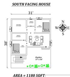 the floor plan for south facing house, which is located in an area with lots of room