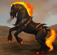 a black horse with orange and yellow flames on it's back legs standing in the desert