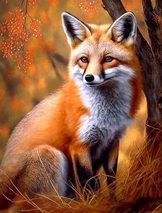 a painting of a red fox sitting in the grass next to a tree with orange leaves