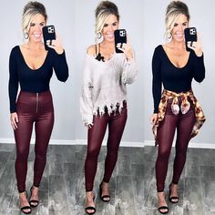 Zip Front High Waist Faux Leather Leggings are AMAZING no matter what you pair them with! Burgundy Leggings Outfit, Leather Leggings Outfit Casual, Leggings Outfit Casual, Leather Leggings Outfit, Long Duster Cardigan, Burgundy Leggings, Leggings Outfit, Mesa Az, Going Out Outfits