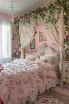 a bedroom with pink walls and floral decor on the ceiling, bedding is covered in white linens