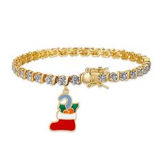 Fun and Whimsical, this stunning Fine Silver Plated Diamond Accent "S" Link Gold ToneTennis Bracelet With Enamel Holiday Christmas Stocking Charm will add a sparkling fashionable tone to any day or evening ensemble. Size: 7.25".  Color: Bronze.  Gender: female.  Age Group: adult. Adjustable Gold Holiday Jewelry, Holiday Adjustable Gold Jewelry, Holiday Gold Bracelet Jewelry, Holiday Gold Jewelry Bracelet, Gold Christmas Festive Bracelets, Gold Adjustable Charm Bracelet For Christmas, Gold Bracelets For Holiday Gifts, Gold Bracelets For Christmas Gift, Gold Bracelets As Christmas Gifts