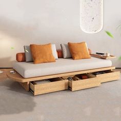 a couch with drawers underneath it in a living room