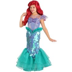 Disney's The Little Mermaid Ariel Costume for Kids:This adorable costume takes its inspiration from Ariel, the adventure-seeking protagonist of Disney's The Little Mermaid. The costume comes with a mermaid tail that has layers of large, gorgeous sequins. It also has a flare of tulle at the bottom to create a fabulous tail fin. Sparkling sea shells and ruffled sleeves on the top bring the whole look together. Your little one will be ready for her next adventure under the sea when she dresses in t Ariel Costumes, Little Mermaid Costume, Ladies Fancy Dress, Satin Pencil Skirt, My Little Pony Costume, Yellow Costume, Ariel Dress, Little Mermaid Ariel, Womens Fancy Dress