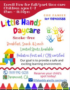 the flyer for little hands day care