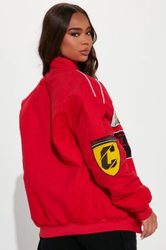 Available In Red. Bomber Jacket Oversize Fit Zip Front Closure Funnel Collar Woven Badges Pipping Detail Embroidery Fully Lined Lightweight Padding Disclaimer : Embroidery Placement Will Vary Shell: 100% Cotton Lining: 100% Polyester Filler: 100% Polyester Imported | Racing Cali Bomber Jacket in Red size Small by Fashion Nova Red Sporty Streetwear Outerwear, Red Sports Outerwear With Letter Print, Red Racing Jacket, Red Sporty Outerwear With Zipper Closure, Red Urban Long Sleeve Windbreaker, Sweater Jumpsuit, Red Jacket, Red Fashion, Cali