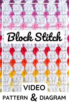 the block stitch video pattern and diagram is shown in red, white, yellow, and pink