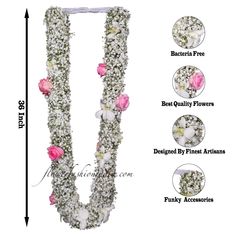 white and pink flowers are arranged in the shape of a flower garland with different details