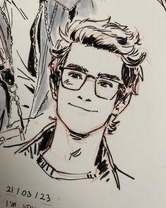 a drawing of a young man with glasses