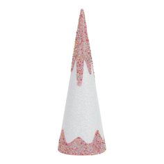 a pink and white party hat with glitter on it's side, sitting in front of a white background