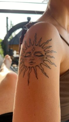 Hippy Patchwork Tattoo, Inti Sun God Tattoo, Earthy Girl Tattoos Black Women, Nature Tattoos Aesthetic, Sun Tattoo With Name, 90s Sun Tattoo, Intricate Sun Tattoo, Arm Tattoo Women Aesthetic, Matching Mandala Tattoo