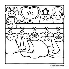 a black and white line drawing of baby clothes hanging on a rack in the closet