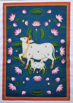 an image of a cow and her calf on a blue background with pink flowers in the foreground