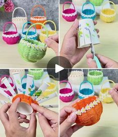 four pictures showing how to make baskets with yarn and paper straws for easter eggs