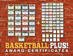 a brick wall with two basketball cards and the words basketball plus award certificates on it