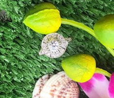 a diamond ring sitting on top of a flower next to some seashells and flowers