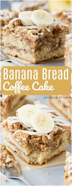 banana bread coffee cake with icing and sliced bananas