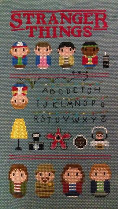 a cross stitch pattern with the words strange things written in different font and pictures on it