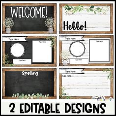 two editable designs for the welcome sign with green leaves and branches on blackboard