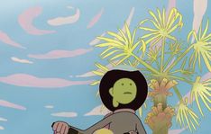 an animated image of a person riding a skateboard in front of a palm tree