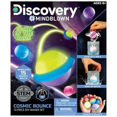 the glow in the dark cosmic bounce toy is shown with instructions to make it glow