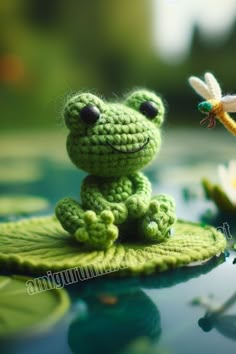 a small green frog sitting on top of a lily pad next to a dragon fly