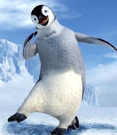 an animated penguin is dancing in the snow