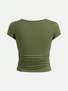 Sleeve Type:Regular Sleeve \nStyle:Casual \nColor:Army Green \nPattern Type:Plain \nNeckline:V neck \nFit Type:Regular Fit \nFabric:Slight Stretch \nCare Instructions:Machine wash or professional dry clean \nSheer:No \n Trendy Stretch Ruched T-shirt, Stretch Ruched Scoop Neck Tops, Casual Ruched Short Sleeve T-shirt, Short Sleeve Stretch T-shirt With Ruched Detail, Short Sleeve Ruched Stretch T-shirt, Ruched Stretch Short Sleeve T-shirt, Trendy Stretch T-shirt With Ruched Detail, Cotton Ruched Short Sleeve T-shirt, Trendy Solid Color Ruched Tops