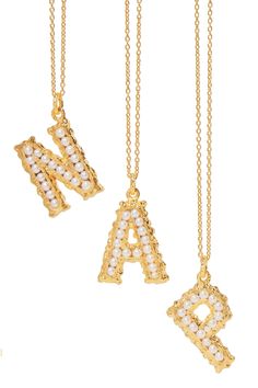 Gold Alphabet gold-plated pearl necklace | Pacharee | NET-A-PORTER Jewelry Mood Board, Alphabet Jewelry, Pearl Letters, Alphabet Necklace, Preppy Jewelry, Written In The Stars, Initial Necklaces, Art Pics, Letter Jewelry