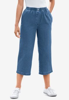 These cotton capris have a full elastic waistband that gives your most comfortable fit, and a mock fly with button creates a classic denim look. Made Denim Capri Pants, Denim Capri, Denim Capris, Woman Within, Pants Blue, Swimsuits For All, Womens Size Chart, Scrub Pants, Linen Shorts