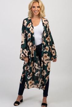 Floral Chiffon Long Kimono Floral Long Tops, Long Floral Kimono, Floral Print Chiffon, Green Floral Print, Long Kimono, Pink Blush Maternity, Floral Kimono, Floral Chiffon, Basic Tops