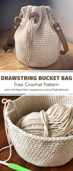 a crochet basket with two handles and the words drawstring bucket bag free crochet pattern